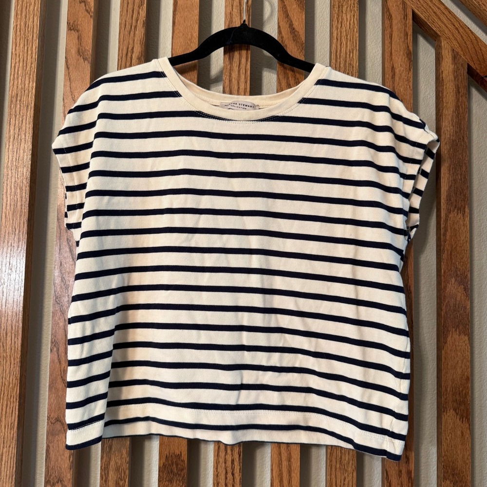 Coastal Preppy Martha Stewart Striped Cotton Top Navy Ivory Medium